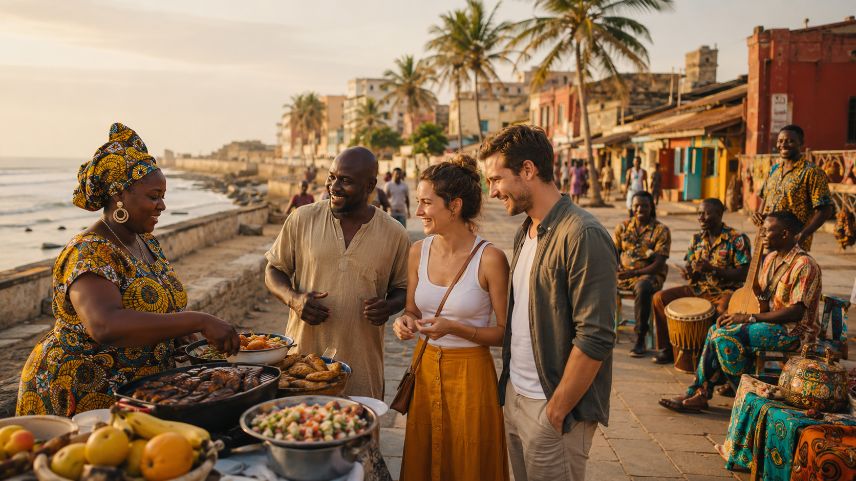 vibrant west african coastal market scene